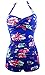 Cocoship Floral French Blue Elegant Retro Boy-Leg One Piece Vintage Ruched Beachwear Swimsuit 12(FBA)