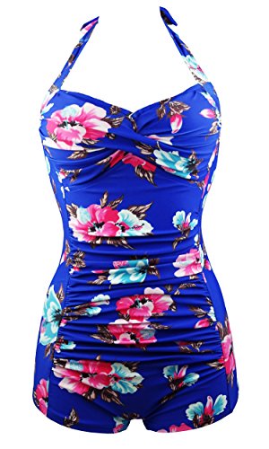 Cocoship Floral French Blue Elegant Retro Boy-Leg One Piece Vintage Ruched Beachwear Swimsuit 12(FBA)