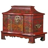 Handmade Red Leather Painted Gold Peony Pagoda Shaped 12" Storage/Gift Box