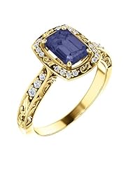 18K Yellow Gold 7.00x5.00mm Emerald Cut Iolite and Diamond Ring -- LIFETIME WARRANTY