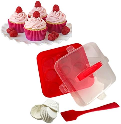 Cupcake Carrier with Snap-on Lid ~ Silicone Double Scraper/Spreader/Spatula ~ 100 Baking Cups ~ 3 Item Bundle ~ Gift Pack ~