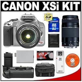 Canon Digital Rebel XSi Digital SLR Camera Body (Silver) & EF-S 18-55mm IS Lens + EF 75-300mm III Lens + BG-E5 Battery Grip + 8GB SD Card + Case + Cameta Bonus Accessory Kit