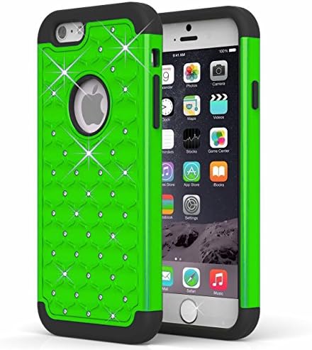 iPhone 6 Case, NewPlus(TM) [Shockproof] Apple iPhone 6 Case Heavy Duty Armor Defender Case Shock Absorbing Hybrid Stud Rhinestone Bling Dual Layer Protection Cover for Apple iPhone 6 (4.7) - (Green)