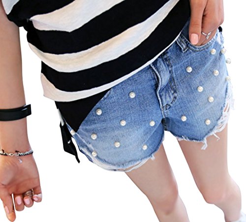 【 UN ANANAS 】 パール 付き キュート ショート パンツ デニム カジュアル ミニ フェミニン ヘビロテ 春 夏 韓国 スタイル ショーツ ディテール レディース 真珠 ブルー
