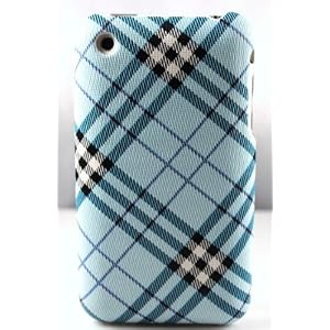 Sky Blue with White Black Cross Checker Plaid Fabric Style Snap on Hard Cell Phone Case for Apple Iphone 3g 3gs Rear Back Cover Only