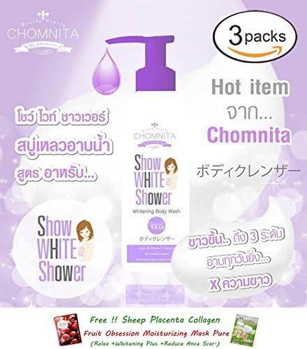 3 Bottles of Chomnita Show White Shower (Liquid Arabic Formula) 400ml. Whitening Brightening Clear Dark Spot [Get Free Tomato Facial Mask &amp; Ceramine UV Line Ginkgo Plus Whitening Cream 8.50ml.]