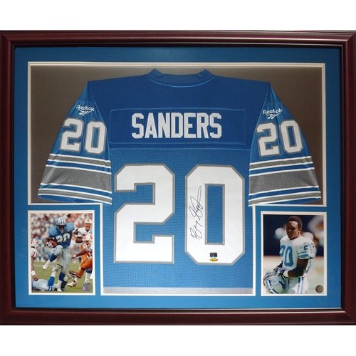 Barry Sanders Autographed Detroit Lions (Blue #20) Deluxe Framed Jersey