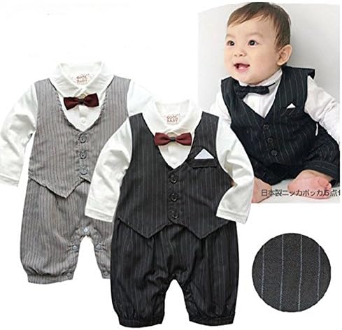 Baby Boy Wedding Long Sleeve Tuxedo Striped Romper Onesie Outfit