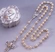First Communion Sterling Silver Rosary with 5mm White Beads, Crucifix, and Metal Case - MADE IN ITALY
