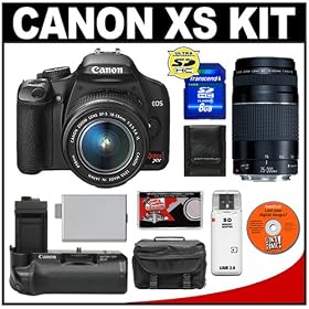 Canon Digital Rebel XS Digital SLR Camera Body (Black) & EF-S 18-55mm IS Lens + EF 75-300mm III Lens + BG-E5 Battery Grip + 8GB SD Card + Case + Cameta Bonus Accessory Kit