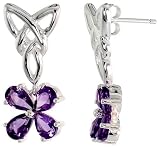 Sterling Silver Celtic Flower Fish Hook Dangle Earrings, w/ Pear Cut Natural Amethyst Stone, 1" (26mm) tall
