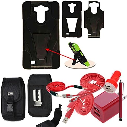 Black Rugged Hybrid Kickstand Case for LG G Vista VS880. Hard Shell with Kickstand on the outside, Silicone Gel with bumpers on the inside and corners. Comes with Dual USB Car Charger, Dual USB 2.1 amp House Charger, 3ft Cable, 10ft Extra Long USB Cable, AUX Cord, Stylus Pen and Canvas Metal Clip Locking Vertical Carry Case that Fits your Phone with the Cover on it.