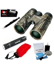 Photography: Bushnell 10x42 Legend Ultra HD Binocular (Realtree AP HD Camouflage) with Compact Keychain LED Flashlight, Floating Foam Strap - Red and Cleaning and Care Accessory Kit - Bushnell