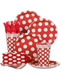 Red Polka Dot Party Supplies Pack Including Plates, Cups, Napkins, and Tablecover- 8 Guests