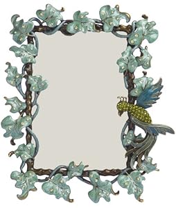 Bejeweled Green Leaves and Jeweled Bird Picture Frame, Holds 4"x6" Photo