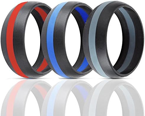 3 Piece Set Blue Gray Red Striped Silicone Wedding Ring Band Thin Line Athletic Men (10)