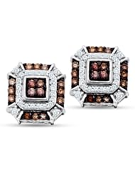 10K White Gold Round Brilliant Cut Chocolate Brown and White Diamond - Square Princess Shape Channel Set Studs Earrings - (.48 cttw.)