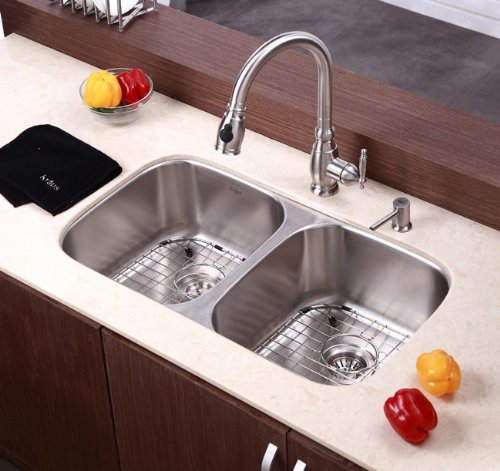 Kraus KBU22 32-Inch Undermount 50/50 Double Bowl 16 gauge Kitchen Sink, Stainless Steel