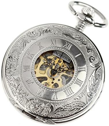 PACIFISTOR Silver Men's Skeleton Mechanical Pocket Chain Watch Engraving +Gift Box #PX-022-S