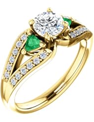 14K Yellow Gold Round Cut Diamond and Emerald Ring -- LIFETIME WARRANTY