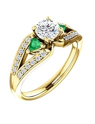 18K Yellow Gold Round Cut Diamond and Emerald Ring -- LIFETIME WARRANTY