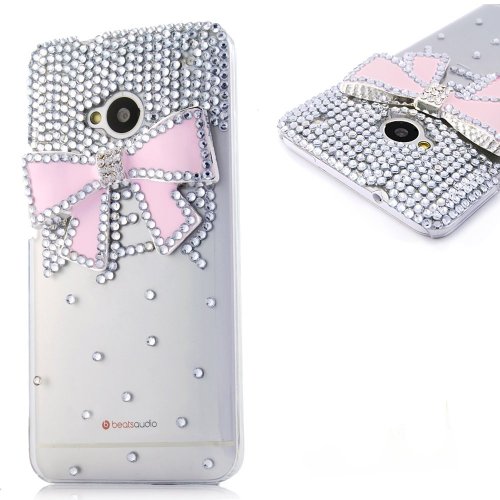 EVTECH(TM) 3D Crystal Pink Bow Rhinestone Diamond Design Case Cover for HTC One 801e HTC M7(100% Handcrafted)