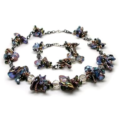 {Valentine's Lightning Deal} HinsonGayle DIVA Collection "Chloe" Peacock Black Keshi Cultured Pearl Necklace and Bracelet Set