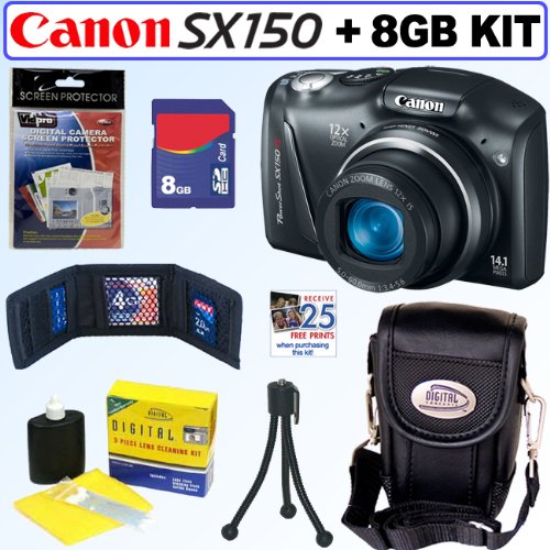 Canon PowerShot SX150 IS 14.1 MP Digital Camera (Black) + 8GB Accessory Kit