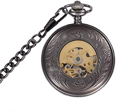 OUANGANC Black Steampunk Pocket Watch Automatic Roman Numerals Half Hunter-Antiqued With Double Chain
