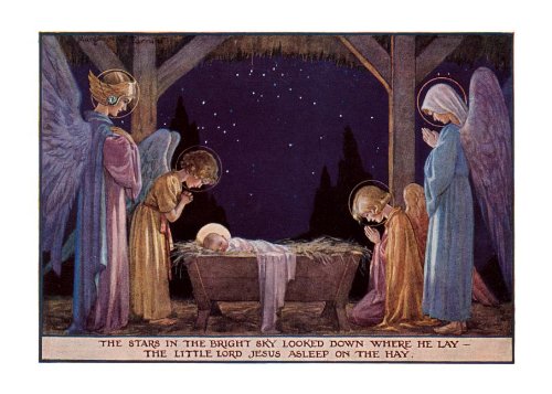 Angels at manger of Baby Jesus - Christmas Card