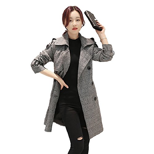 Teranos レディース ロングコート 襟付き 格子柄 長袖 テーラード ひざ丈 ボタン ウエストリボン 秋 冬 カジュアル シンプル