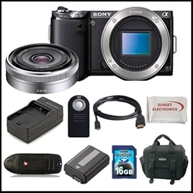 Sony Alpha Nex-5N Kit with 16mm Lens Kit. Package Includes: Sony Nex5N Digital Camera, (Black) Sony E-Mount SEL16F28 16mm f/2.8 Wide-Angle Alpha E-Mount Lens, Extended Life Battery, Rapid Travel Charger, 16gb Memory Card, Memory Card Reader, HDMI Cable, Remote Control, SSE Microfiber Cleaning Cloth 