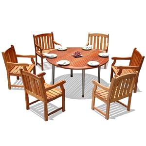 VIFAH V94SET3 Outdoor Wood 7-Piece Dining Set with Round Table, Natural Wood Finish, 59 by 59 by... by 