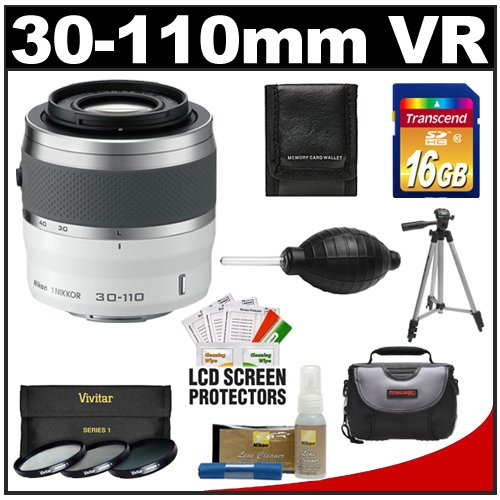 Nikon 1 30-110mm f/3.8-5.6 VR Nikkor Lens (White) with 16GB Card + Case + 3 UV/CPL/ND8 Filters + Tripod + Cleaning & Accessory Kit for Nikon 1 V1, J1 Interchangeable Lens Digital Camera