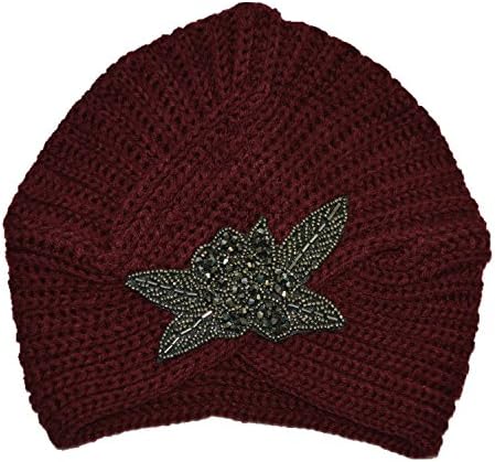 Turban Hat Women Headband Winter Warm Soft Knit Turban With Flower Beanie Cap (Wine Red)