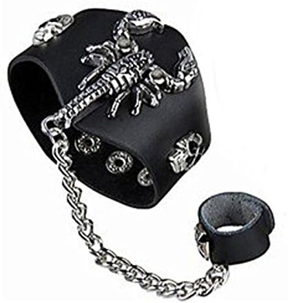 Scorpion with 2 Small Skull - Black Leather Gothic Punk Style Bracelet Wristbands Cuffs