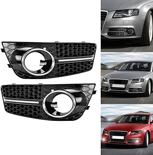 CAMHOHO 2x Glossy Black Euro Honeycomb Front Lower Bumper Fog Light Grille Grilles Grill For 2009-2011 Audi A4 A4L B8 4 Door 4D