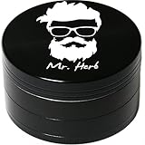 Mr. Herb PREMIUM Grinder For Herb , Tobacco , Weed and Spice 4 - piece Chamber Grinder Shredder Crusher with Pollen Catcher & Scraper 50mm (1.96 inch) Large Heavy Duty Diamond Sharp Black Color