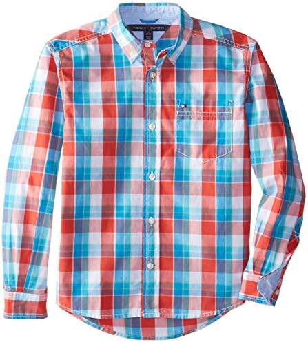 Tommy Hilfiger Big Boys' Long Sleeve Ashton Plaid, Hibiscus T, Medium