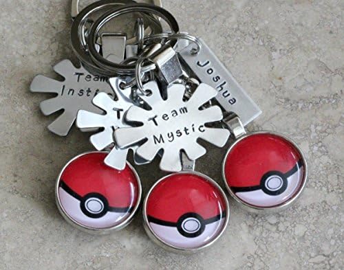 Pokeball Pokemon Go personalized key chain, backpack pull, gym bag ID with Team Mystic, Instinct, or Valor along with name bar