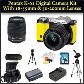 Pentax K-01 Digital Camera Double Lens Kit. Package Includes: Pentax K01 with 18-55mm & 50-200mm Lenses(Yellow), 16GB Memory Card, Memory Card Reader, Extended Life Replacement Battery, Rapid Travel Charger, 50 Tripod, Table Top Tripod, LCD Screen Protectors & Large Carrying Case.