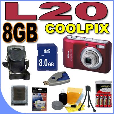 Nikon Coolpix L20 10MP Digital Camera w/3.6x Optical Zoom (Deep Red) 8GB BigVALUEInc Accessory Saver NiMH Bundle