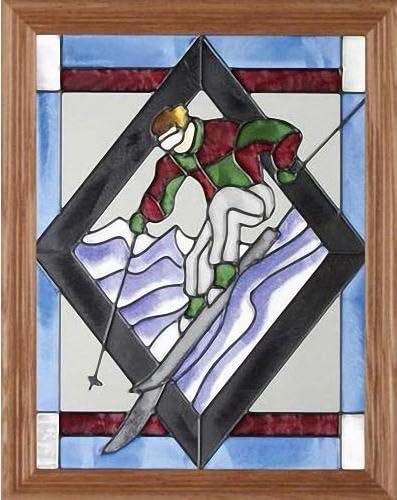 Sports ~ Skier 13.5" Wide x 16.5" High Hand Painted Art Glass Panel