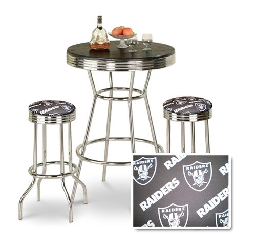 Chrome Bar Table & 2 Chrome Finish Oakland Raiders NFL Fabric Seat Barstools