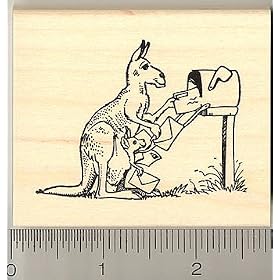 Kangaroo and Joey Delivering Mail Rubber Stamp - Wood Mounted