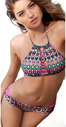Women Sexy Tie Dye Bikini Set Top High Neck With Padded String Caged Swimsuit