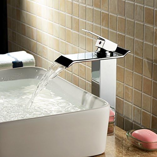 VINES (TM) Contemporary Bathroom Sink Faucet One Single Handle Deck Mount Solid Brass Widespread Waterfall Bathroom Sink Faucet Chrome Finish Tall Spout Bath Basin Faucet