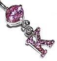 Pierced & Modified  Body Jewellery Navel Bars  Pink Crystal Initial Dangle Belly Bar  K