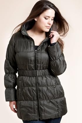 Plus Water Repellent Houndstooth Print Padded Jacket with Belt
