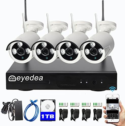 Eyedea 4CH 3500TVL 1.3MP WiFi NVR Wireless Camera Surveillance DVR Double Antenna Easy Setup IP Network 960P Night Vision Home Business CCTV Security Camera Smart Remote Phone APP View 1TB Hard Drive